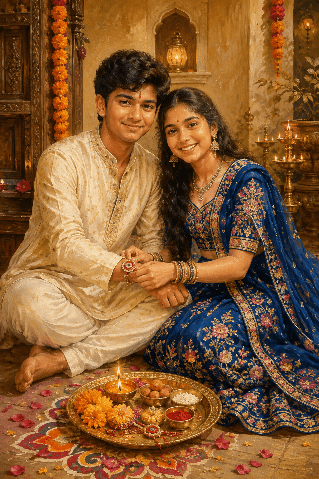Bhai-Behen Traditional Festive Portrait – Indian Hand-Painted Art